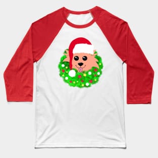 Christmas Dog with Green Wreath Baseball T-Shirt